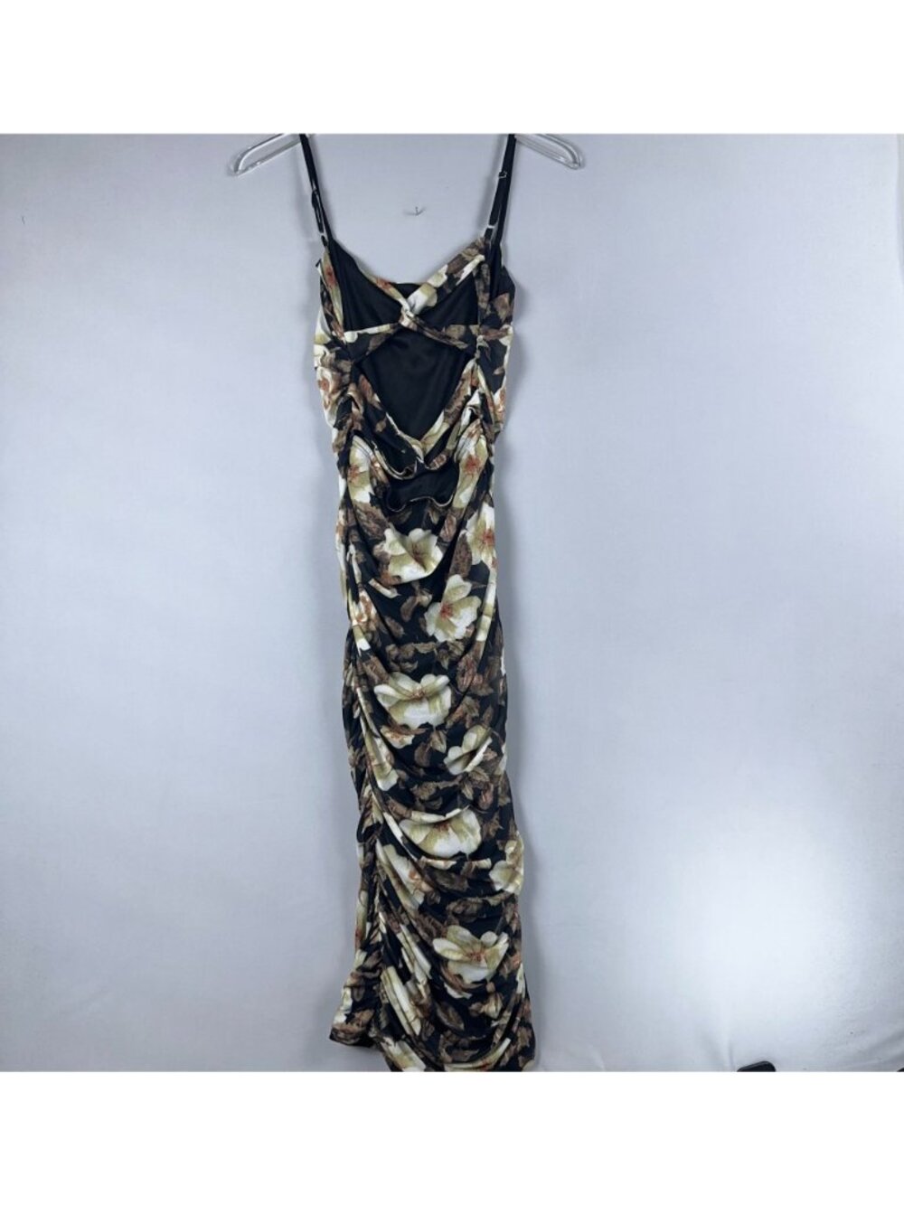 Lulus Ruched Dress Size Medium Mesh Floral Print Sleeveless Strappy Back Black - Picture 6 of 13